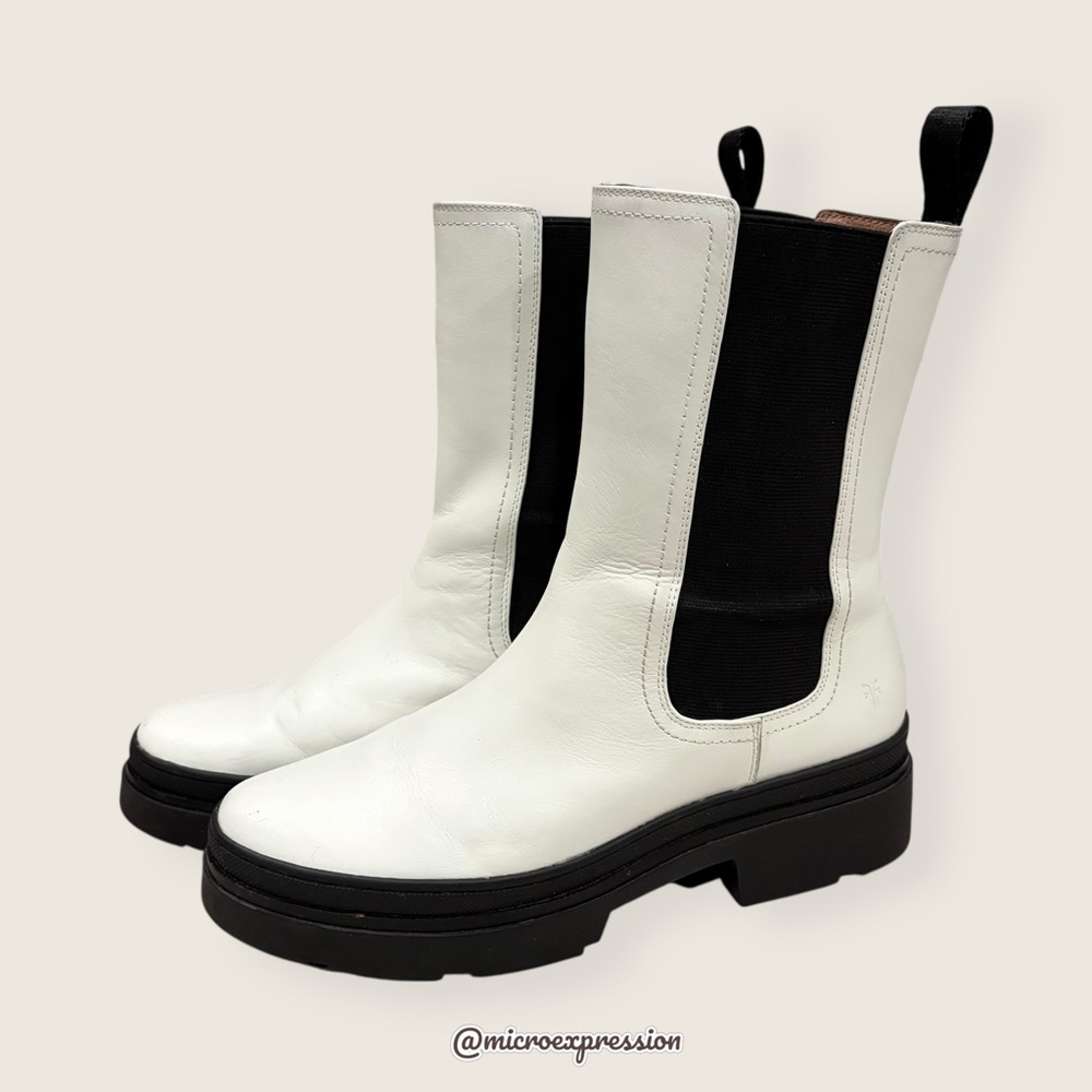$499 Frye Chloe White Real Leather Black Retro Comfy Elastic Pull On Ankle Boot - Picture 10 of 16